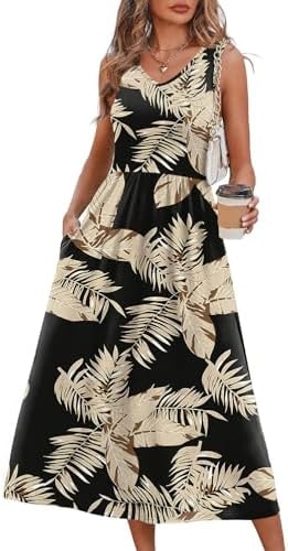 Beach Vacation Clothes for Women Sleeveless V Neck Hawaiian Flowy Casual Midi Spring Summer Dresses for Women 2026 Black Leaf Sundresses Maxi Dresses for Seniors Black Tropical S