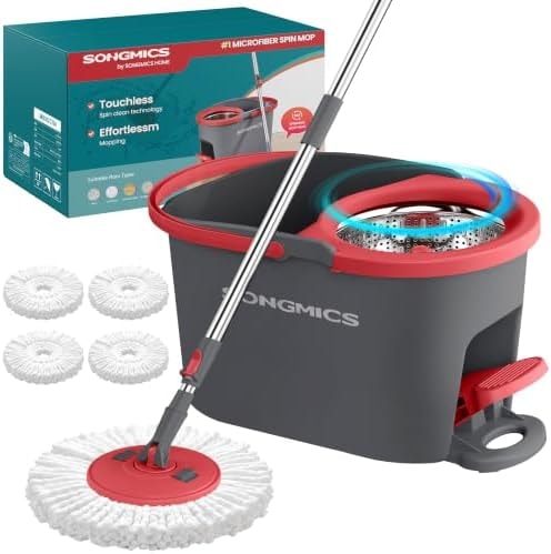 SONGMICS Spin Mop and Bucket Set with Pedal Wringer, 4 Microfiber Pads
