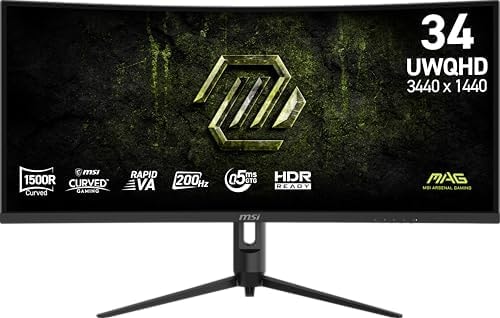 msi MAG 342CQRF E20 34-inch 3440 x 1440 (UWQHD) Gaming Monitor, 200Hz, AMD FreeSync Premium, HDR Ready, HDMI, VGA Port, VESA, Tilt, 0.5ms, Black