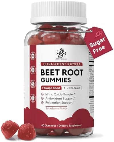 Beet Root Gummies – Blood Pressure & Cardiovascular Support, Beetroot Gummies for Heart Health & Circulation, Nitric Oxide Beets with Grape Seed & L-Theanine for Calm Mood, Sugar-Free Vegan, 60 Chews