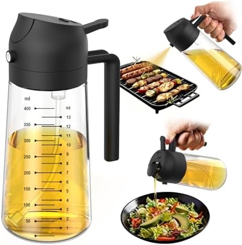 TrendPlain 16oz/470ml Glass Olive Oil Sprayer for Cooking – 2 in 1 Olive Oil Dispenser Bottle for Kitchen Gadgets and Air Fryer Accessories, Salad, BBQ - Black