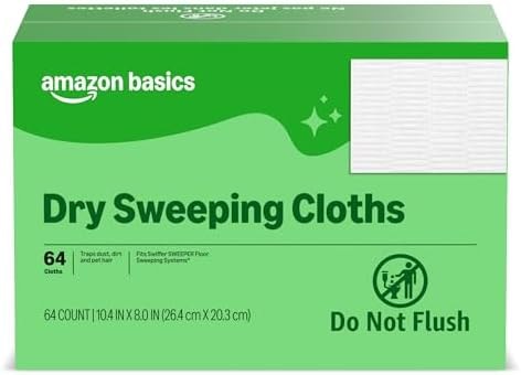 Amazon Basics Dry Sweeping Cloths for Floor Cleaning, Pet Hair, Dust, Dirt, Multi-Surface, Disposable, Fits Swiffer Sweeper Mop Heads, 64 Count, Packaging May Vary