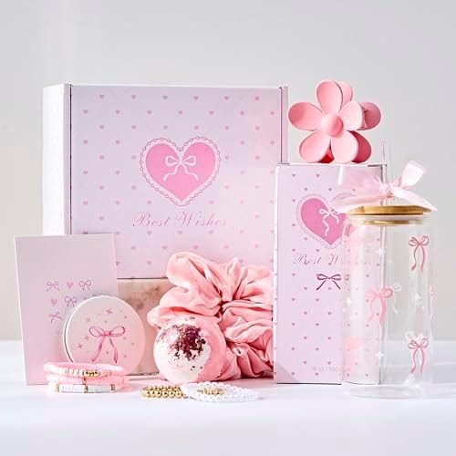 LANGASQUE Birthday Gifts for Women Teen Girls, Happy Birthday Gift Baskets for Women, Coquette Pink Bow Glass Cup Gift Box Set, Chrismas Gifts for Daughter Sister Wife Girlfriend Mom