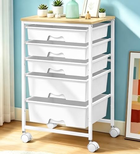 SUNALLY Rolling Carts with 5 Drawers, Storage Drawer Carts for Craft, White
