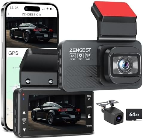 Dash Cam Front and Rear, 4K+1080P FHD Dual Camera with ADAS, GPS, 5G WiFi & App Control, 64GB Card Included, G-Sensor, Night Vision, Loop Recording, 170°Wide Angle, WDR, 24H Parking Mode