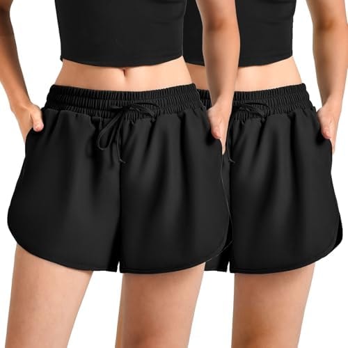 Leafigure 2 Pack Running Shorts for Women- Athletic High Waisted Quick Dry Shorts with Pockets for Gym Workout Black L