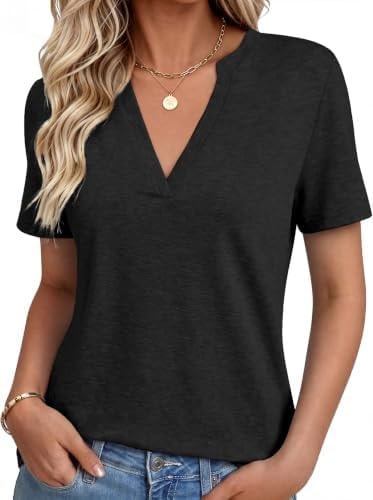 NORACORA Women's V Neck Short Sleeve T Shirt Summer Casual Tops Loose Fit Basic Blouses Trendy Fashion for Work Daily Wear Black S