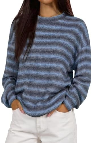 KIRUNDO Striped Sweaters Lightweight Waffle Knit Tops for Women(Blue, M)