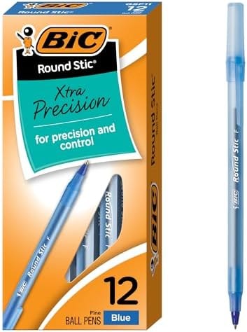 BIC Round Stic Xtra Precision Fine Blue Ballpoint Pens, 12-Count Pack