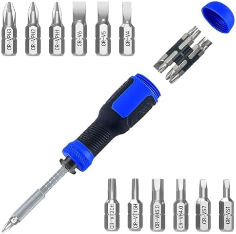 WOOPHEN Multi-bit Screwdriver 13-in-1 Screw Driver Adjustable Mini Screwdriver Set Multitool All in One with Torx Security, Phillips, Hex, Flat Head, Square and 1/4 Nut Driver (Blue)