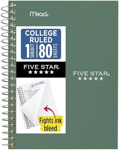 Five Star Spiral Notebook, 1 Subject, College Ruled Paper, 4-3/8" x 7", Personal Size, 80 Sheets, Fights Ink Bleed, Water Resistant Cover, Seaglass Green (450048CH1-ECM)