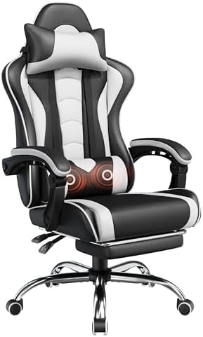 Yaheetech Gaming Chair with Footrest Massage Lumbar Pillow Black and White