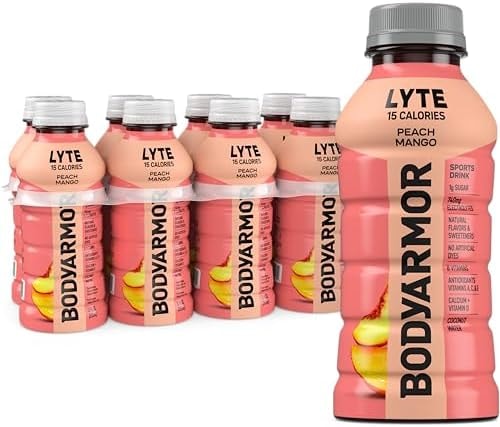 BODYARMOR LYTE, Peach Mango, Electrolyte Drink, 15 Calories, 12 Fl Oz Bottles (8 Pack), Coconut Water Sports Drink, Natural Flavor & B Vitamins