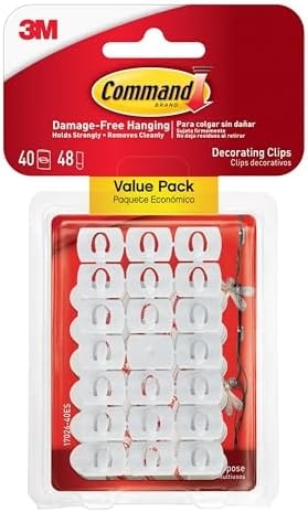 Command Decorating Clips, 40 Clips and 48 Strips, Damage-Free Hanging Light Clips with Adhesive Strips, No Tools Small Wall Clip for Hanging Lights and Cables for Back to School Decorations