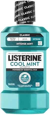 Listerine Cool Mint Intense Antiseptic Mouthwash, Daily Oral Rinse Kills 99.9% of Germs that Cause Bad Breath, Plaque and Gingivitis. for a Fresh, Clean Mouth, Intense Mint Flavor, 250 mL/ 8.5 Fl.Oz.