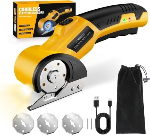 Cordless Electric Scissors,4V Rechargeable Cardboard Cutter Heavy Duty Scissor with Safety Lock & LED Light for Box Carpet Plastic Fabric(Yellow)
