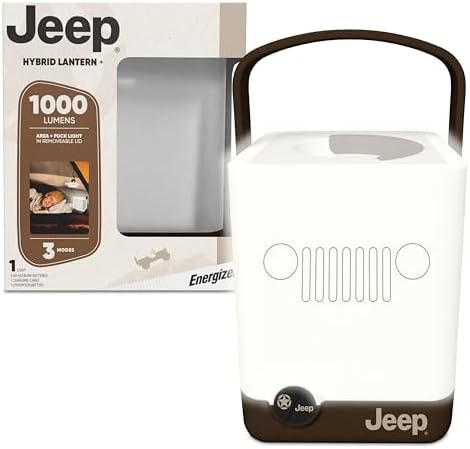 Jeep Hybrid Rechargeable LED Lantern Plus, 1,000 Lumens, Unique Cube Light with Built-in Power Bank, Storage, and Removable Lid with Puck Light