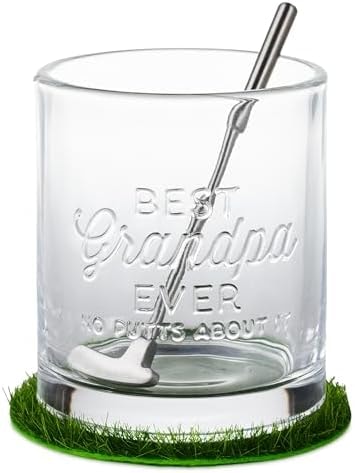 Hallmark Lowball Glass With Golf Club Stirrer and Turf Coaster, 8.5 oz. (Best Grandpa Ever) Gift for Father's Day, Birthdays, Christmas