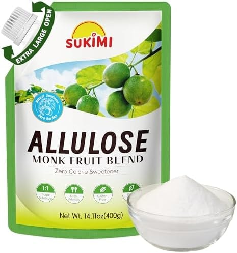SUKIMI Allulose Sweetener with Monk Fruit 400g, Zero Calorie 1:1 Sugar Substitute, No Erythritol, Keto Friendly, Plant-Based Natural Sweetener for Baking and Drinks, Gluten-free, No Artificial Additives