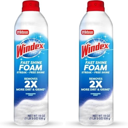 Windex Fast Shine Foam Glass Cleaner, No-Drip Windows, Doors, Mirrors & Countertops Aerosol Cleaning Spray, Streak-Free Shine, Removes Fingerprints, Dust, Dirt, Grime & More 19 oz (Pack of 2)