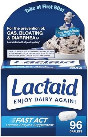 Lactaid Fast Act Caplets for Lactose Intolerance, Caplets that Help Prevent Against Gas, Bloating, and Diarrhea, Lactase Enzyme Supplements, 96 Ct