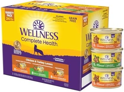 Wellness Complete Health Gravy and Minced Variety Pack Adult Canned Wet Cat Food, Natural, Protein Rich, Grain Free, Chicken and Turkey Lovers, 3 oz, Pack of 24 Cans