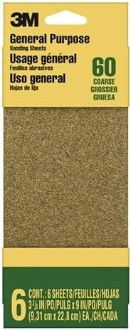 3M Sandpaper, 60 Grit, 6 Sheets, 3-2/3 in x 9 in, Sands Paint, Wood & Metal, Great for General Purpose Sanding, Coarse Aluminum Oxide Sand Paper (9017NA-CC)