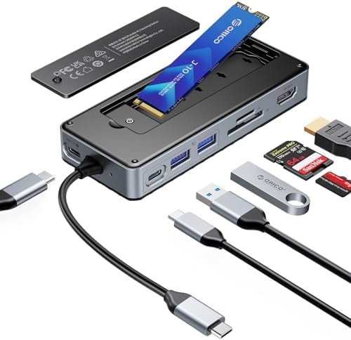 ORICO USB-C Hub with M.2 SSD Enclosure, 8-in-1 USB C Docking Station Fits M.2 NVMe/SATA SSD, 10Gbps, 4K@60Hz HDMI, 100W PD, SD/TF Card Reader