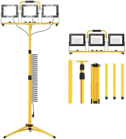 ALTSON 3-Head LED Work Light, 21000LM Adjustable Garage Lights for Mechanics Workshops, Portable Flood Lights Outdoor IP66 Waterproof,16.4FT Cord Stand Tripod Light for Jobsite Construction Renovation