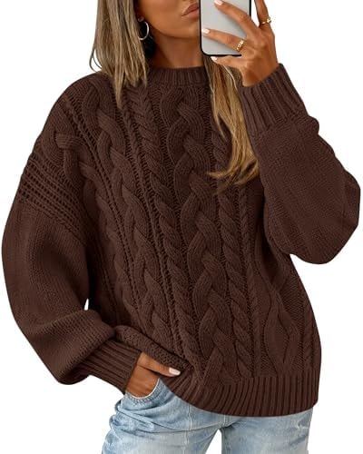 BTFBM Women's Oversized Cable Knit Sweater Crew Neck Pullover,S,Brown