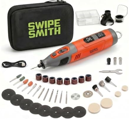SWIPESMITH 12V Cordless Rotary Tool Kit, Brushless Motor, LCD Display, 8000-32000 RPM Variable Speed, 2.5Ah Battery, 40 Accessories for Wood Carving, Engraving, Grinding, Sanding and Cutting