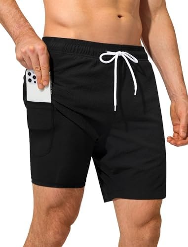 SILKWORLD Mens Swim Trunks Quick Dry Board Shorts with Pockets, Black, L