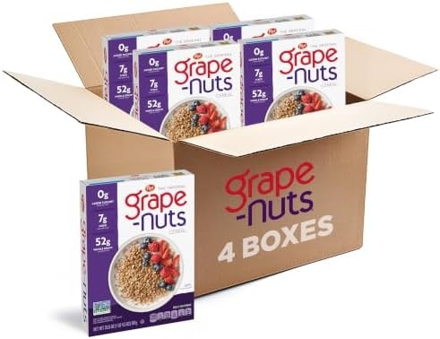 Post Grape Nuts Original Breakfast Cereal, Crunchy Whole Grain Wheat and Barley Cereal, Non-GMO Project Verified, 20.5 OZ Box (Pack of 4)