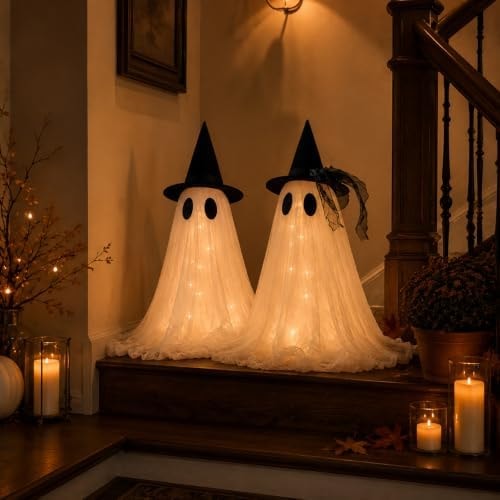 2-Pack Halloween Ghost Decor Set, USB Powered w/Remote Lights