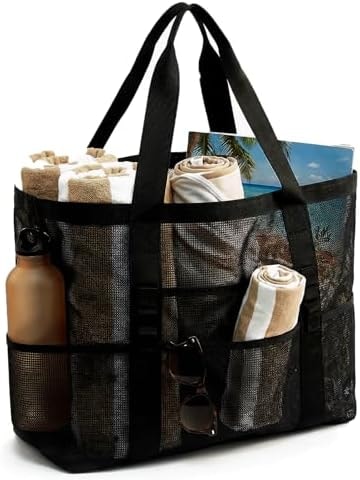 JOYPICKS Mesh Beach Bag-Large Beach Tote for Women with Zipper Pocket, pool cruise travel swim, Toys & Vacation Essentials