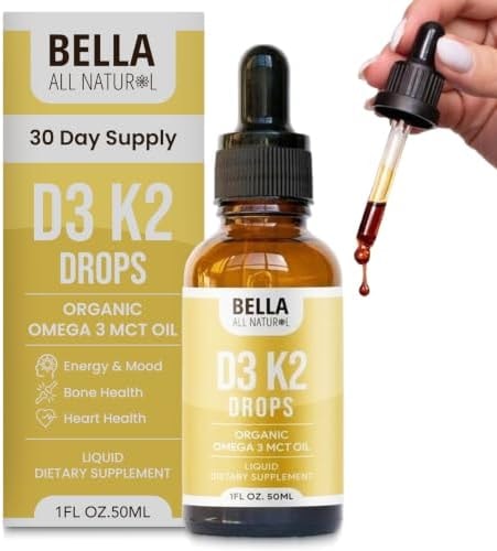 Bella All Natural Vitamin D3 K2 Liquid Drops 5000 IU (Unflavored) - Omega 3 with MCT Oil - Liquid Vitamin D Drops for Adults - D3 K2 Drops Help Support Heart, Bone & Immune Health