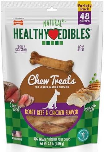 Nylabone Healthy Edibles Natural Chews, Long Lasting Dog Bones, Healthy Dog Treats, Roast Beef & Chicken Flavor, X-Small (48 Count)