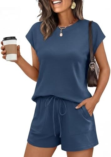 ANRABESS Womens Waffle Knit 2 Piece Short Sets Cap Sleeve Summer 2026 Matching Lounge Outfits Travel Beach Vacation Sweatsuit Navy Blue Medium