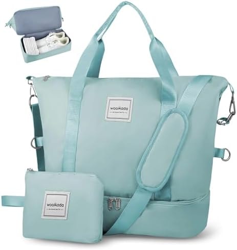 WOOMADA Weekender Bag for Women - Travel Duffel with Shoe Compartment & Wet Pocket, Personal Item & Overnight Bag for Airlines, Sport Gym Tote (Blue)