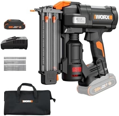 WORX Brad Nailer Cordless, 20V 18 ga Brushless Nail Gun Cordless, High Driving Power, Up to 2-⅛" into Hardwood, Narrow Nose, 3 LEDs, 3000 Nails & 20V 2.0 Ah Battery and Charger Included, PowerShare