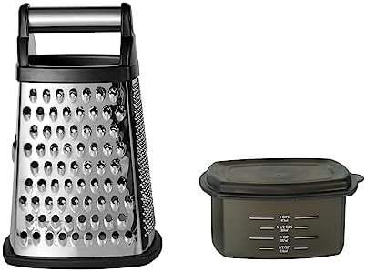 KitchenAid Gourmet 4-Sided Stainless Steel Box Grater for Fine, Medium and Coarse Grate, and Slicing, Detachable 3 Cup Storage Container and Measurment Markings, Dishwasher Safe, 10 inches tall, Black