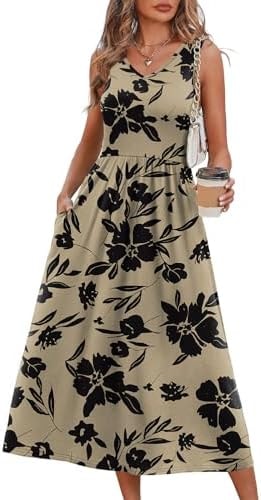 Sleeveless Maxi Dresses for Women 2026 V Neck Elegant Classy Floral Dress with Pockets Summer Spring Dresses Work Teacher Outfits Vacation Resort Wear Sundresses Maxi Dresses Floral Black Flowers S
