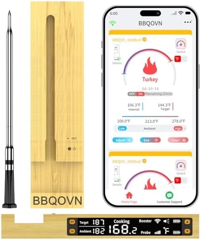 BBQOVN WiFi Sub-1G Wireless Meat Thermometer Unlimited Range, Check Temp Anywhere,7 NIST Certified Sensors with Ambient Temp, Monitor for BBQ, Grill, Oven, Smoker, Air Fryer (Harvest Bamboo)