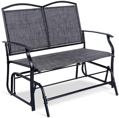 Backyard Expressions 2-Person Outdoor Glider Bench, Patio Double Swing Rocking Chair Loveseat w/Powder Coated Steel Frame for Backyard Garden Porch, Black Frame - Heathered Grey Sling Fabric