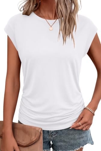 Bliwov Womens Summer Tops Cap Sleeve Crew Neck Casual T Shirts White