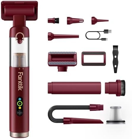 Fanttik Slim V10 APEX Cordless Car Vacuum, 4-in-1 Portable Mini Handheld Vac, 19kPa Suction Power, Upgraded Smart Digital Display, 2 Suction Modes for Small Jobs, Car, Office Desk, Keyboards (Red)
