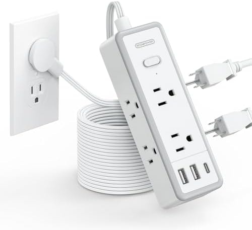 NTONPOWER Power Strip Surge Protector(1080J), Extension Cord 10 FT Flat Plug, 6 Wide outlets with 3 USB Ports (1 USB C), 3 Sided Multi Outlet Extension Cord, Compact Power Strip for Travel, College