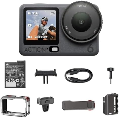 DJI Osmo Action 6 8K Waterproof Action Camera Bundle, 1/1.1" Square Sensor, Variable Aperture of f/2.0–f/4.0, 50GB Built-in Storage, Original Essential Combo + Street Photography Handle Kit