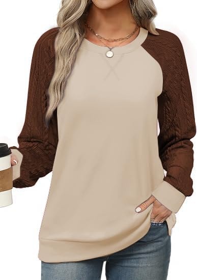 Ohhettm Womens Crewneck Sweatshirt Cable Knit Sleeve Fall Winter Outfits