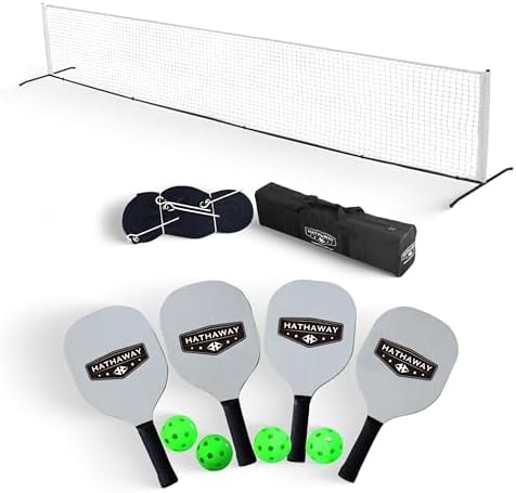 Hathaway Deluxe Pickleball Set with Net - Laminated Wood Pickleball Paddles Set of 4, Black Boundary Line, 4 Pickleball Balls, Carrying Bag, & Portable Pickleball Net for Driveway, Court, & More